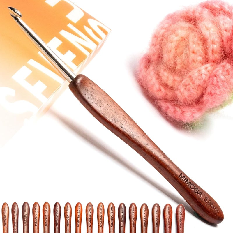 sevensun Mimosa 5mm Single Crochet Hook, Available in 0.6mm-6.5mm, Ergonomic Hand Polished Stainless Steel Inline Pointy Wood Handle Crochet Hook for Arthritic Hands, Mother's Day Gifts for Mom - Image 1